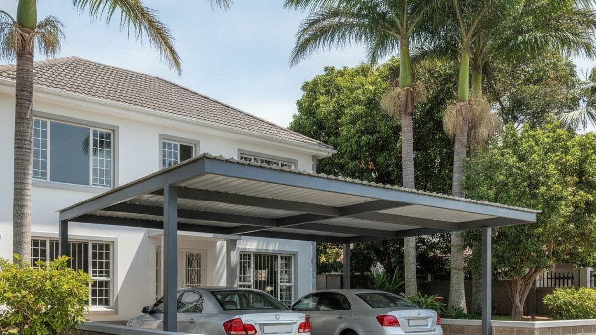 A compliant galvanised steel carport neatly matching the roof colour of a suburban Durban coastal house