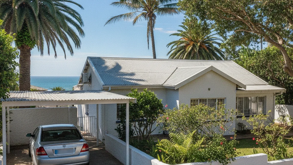 Value galvanised steel single carport covering a car at a coastal home in Amanzimtoti south of Durban