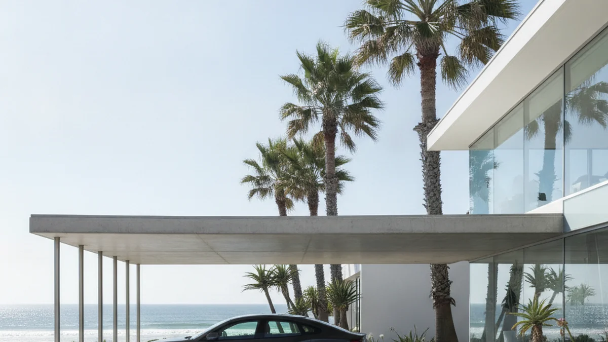 Cantilever carport with no front posts and a clear open front at a modern sea-facing Durban home