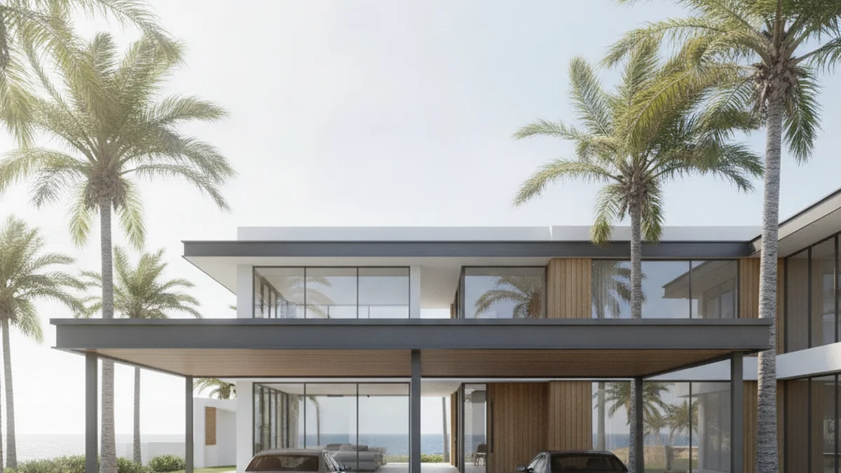 Six-metre powder-coated aluminium double carport covering two cars side by side at a sea-facing Umhlanga-style home