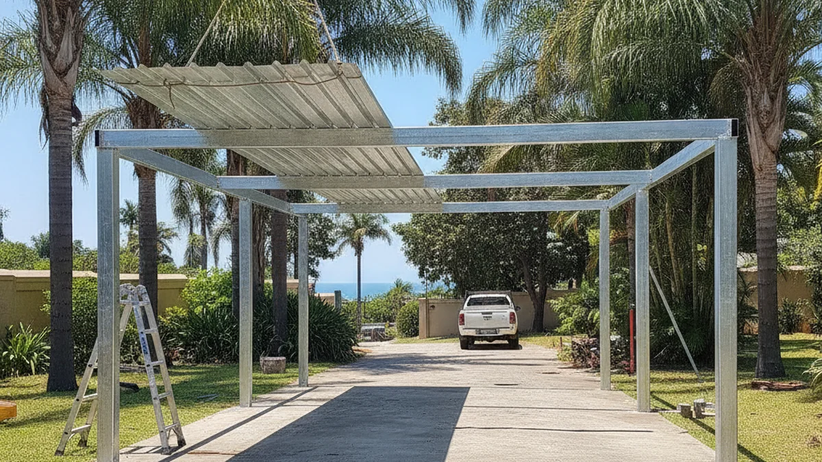Hot-dip galvanised steel carport frame part-way through installation on a Durban driveway with palms