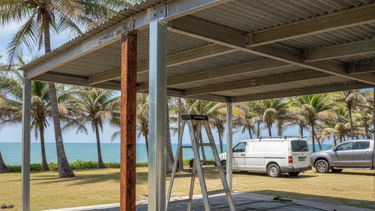 An old rusted mild-steel carport post being replaced with a new hot-dip galvanised post near the Durban coast
