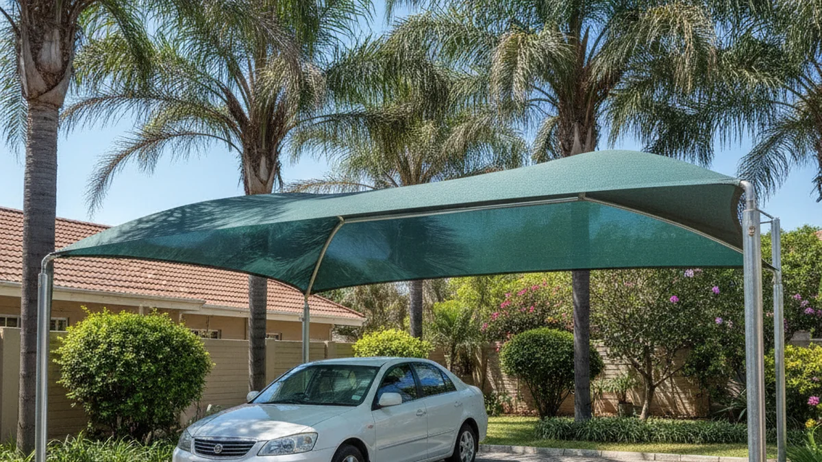 Shade-net shadeport with a green shade-cloth roof covering a car on a subtropical Durban driveway with palms