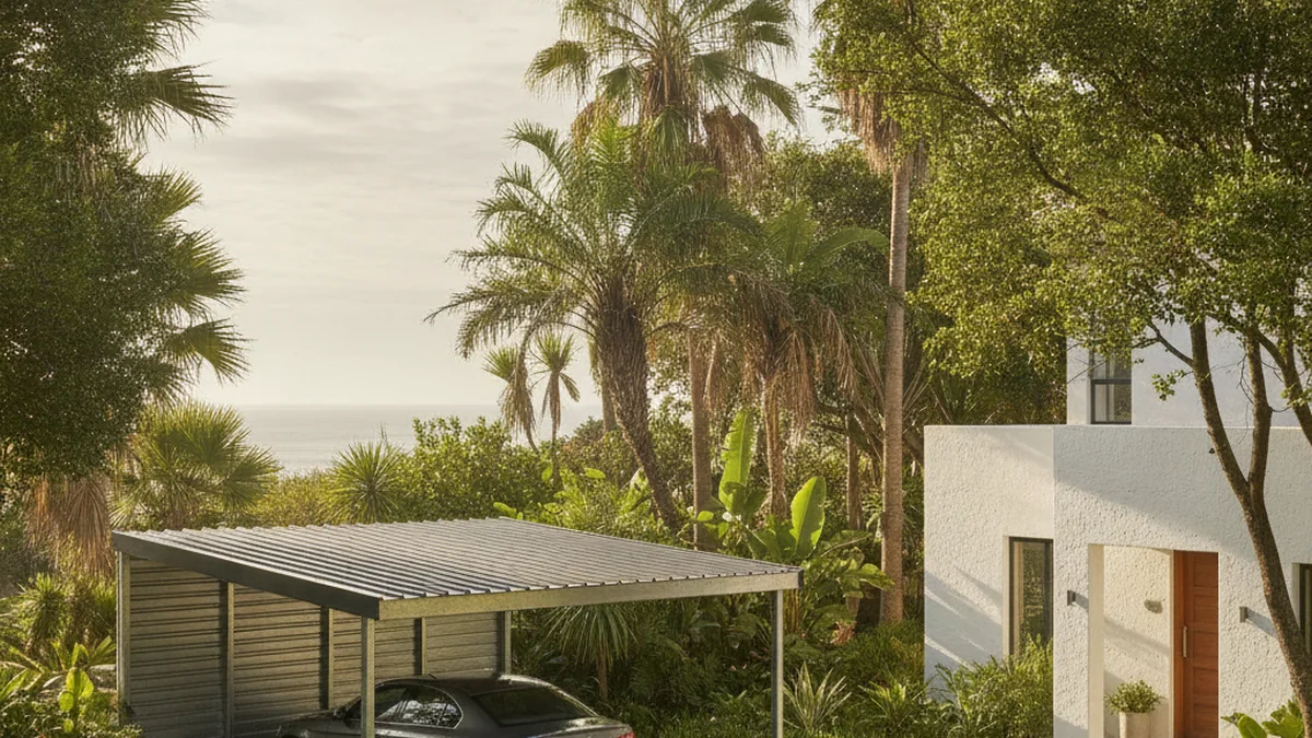 Single galvanised steel carport with a charcoal IBR roof covering one car beside a subtropical Durban coastal home
