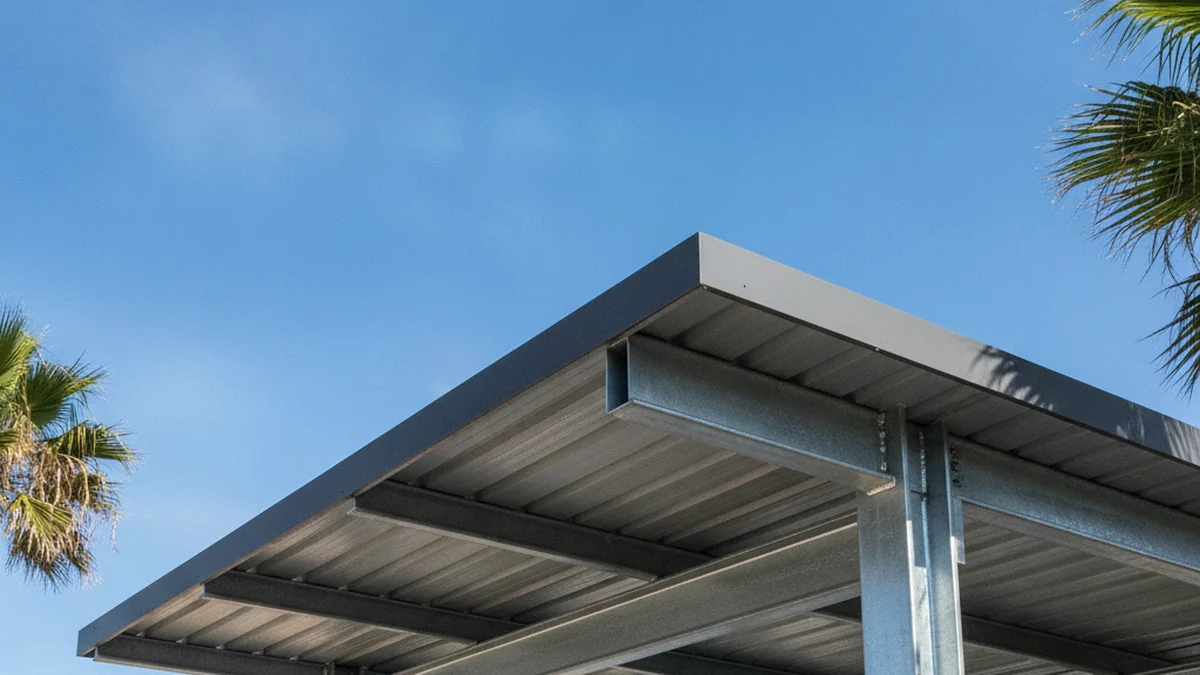 Close detail of a charcoal IBR roof and thick hot-dip galvanised steel support posts with a silvery zinc finish