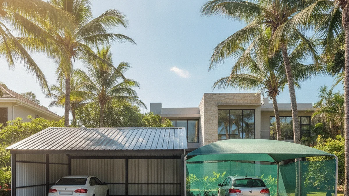 A solid IBR-roof galvanised steel carport beside a green shade-net shadeport in one Durban driveway